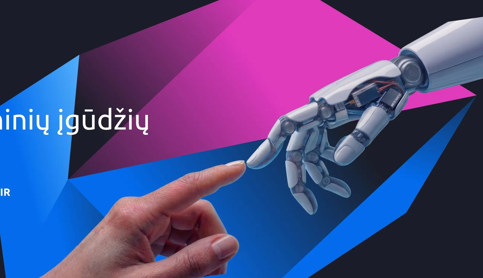 Žmogaus ranka ir dirbtinio intelekto robotinė ranka technologijų fone